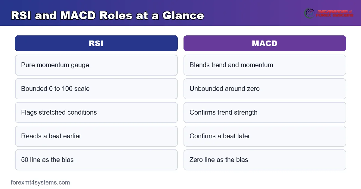 RSI and MACD methods side by side - a bounded 0 to 100 momentum ratio beside an unbounded two-average blend