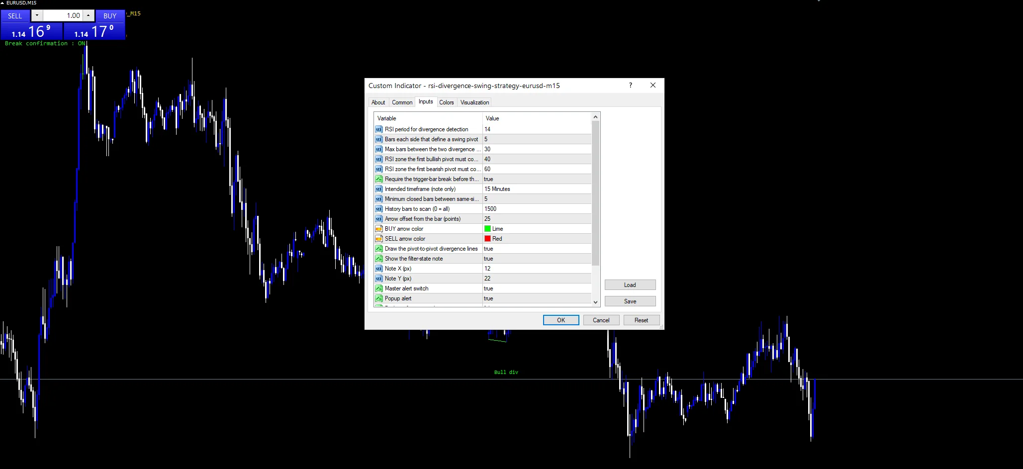 RSI Divergence Swing Strategy indicator inputs and settings