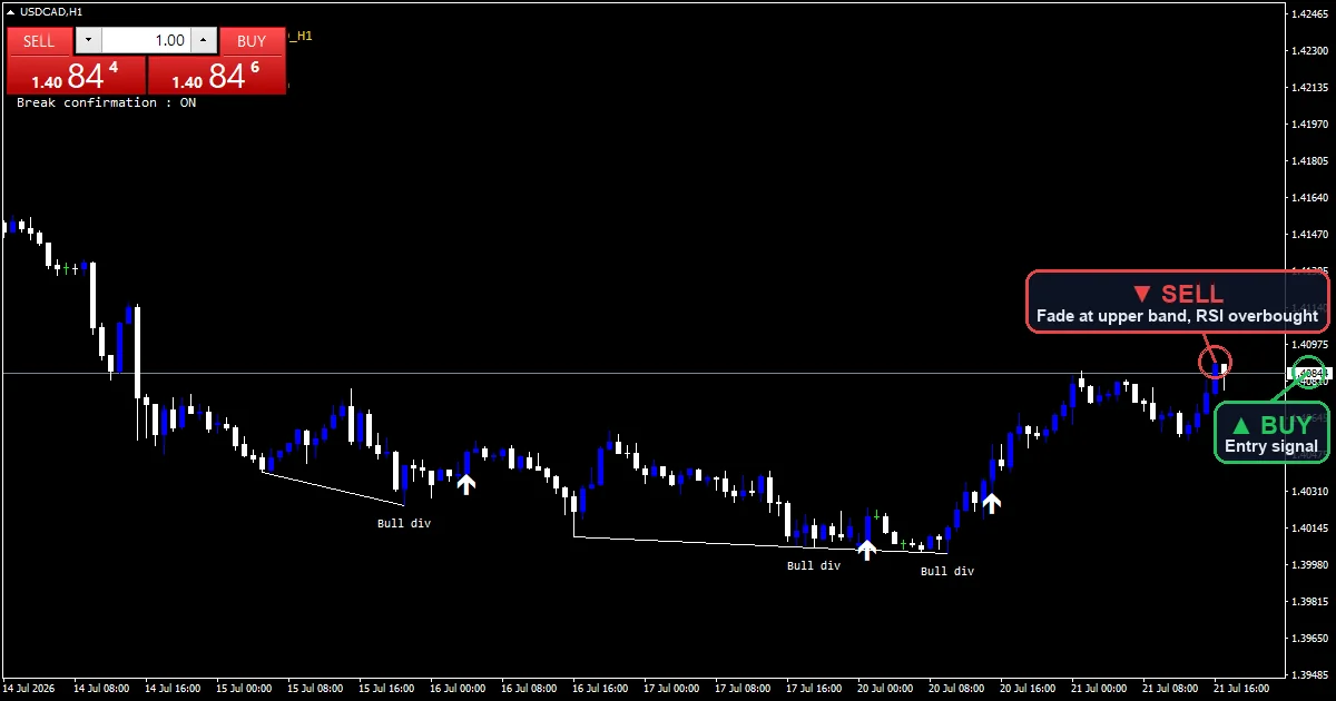 RSI Divergence Swing Strategy chart with buy and sell signals