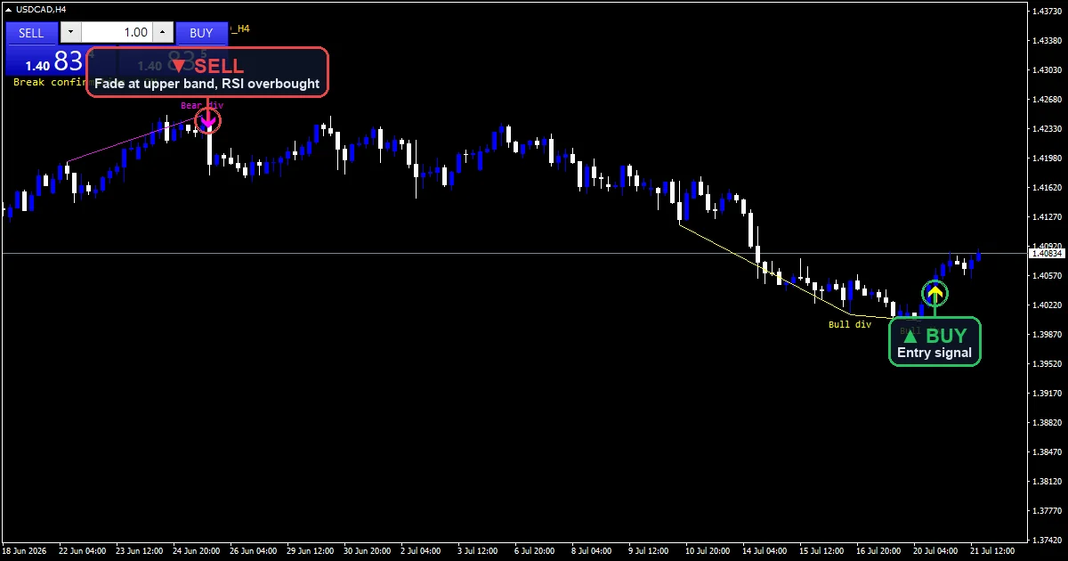 RSI Divergence Swing Strategy chart with buy and sell signals