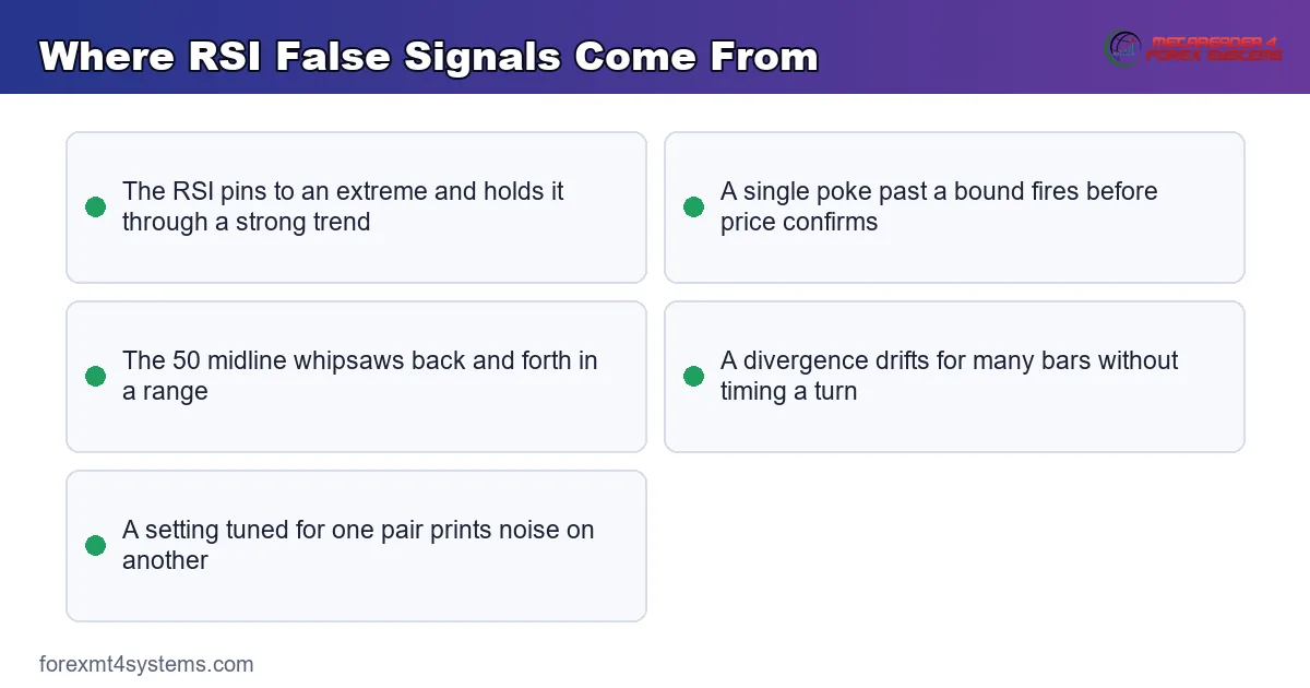 RSI false-signal patterns side by side - pinning, single pokes, midline whipsaw, and false divergence