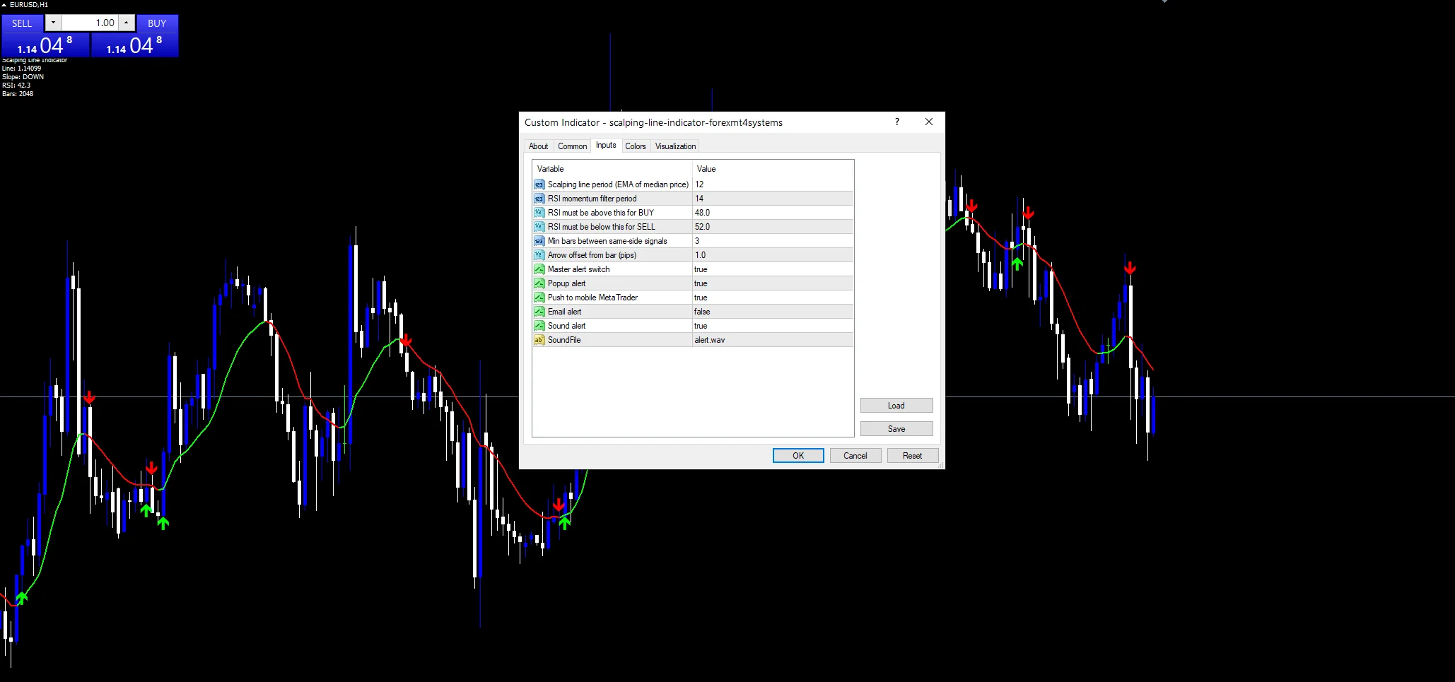 Scalping Line - indicator inputs and settings panel
