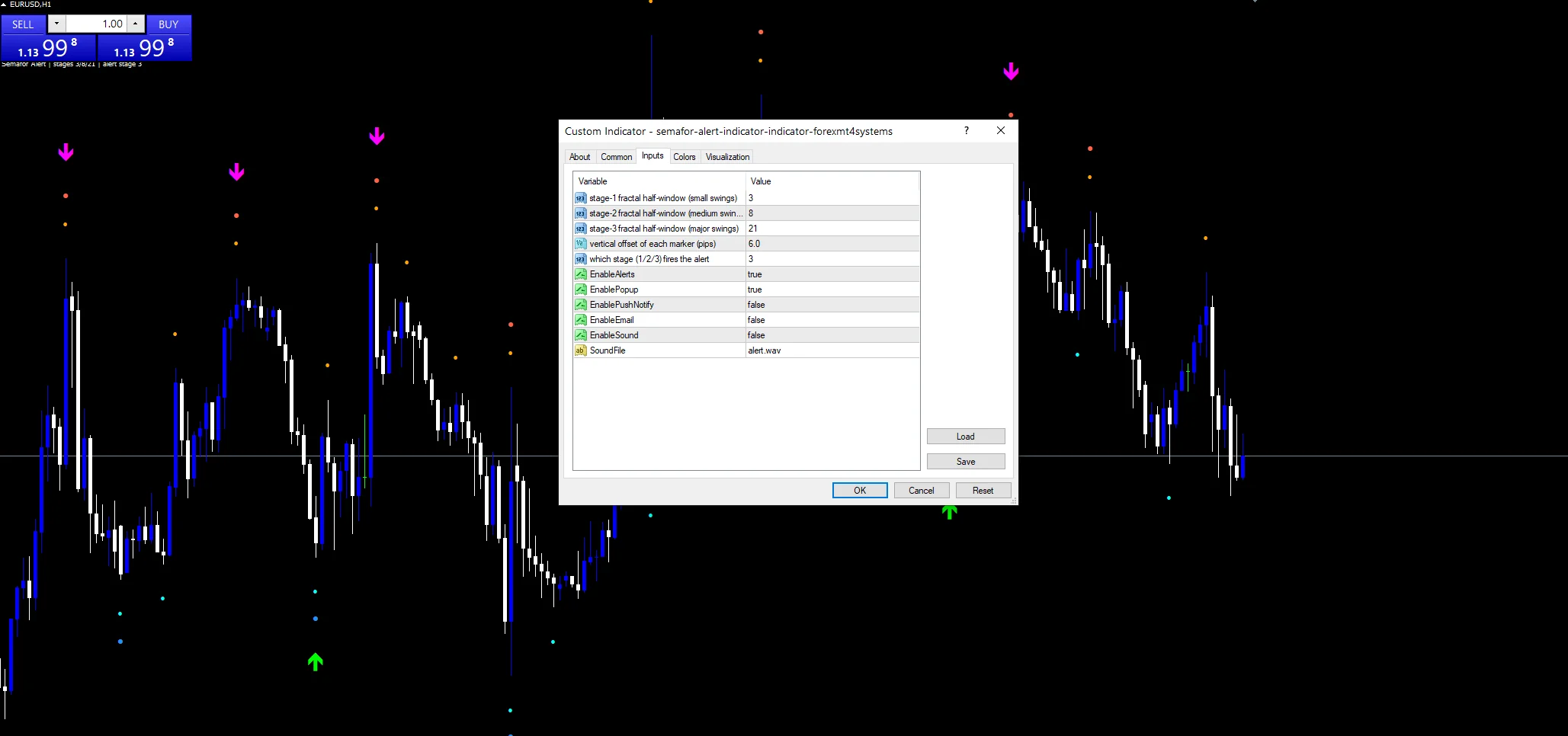 Semafor Alert Indicator - indicator inputs and settings panel