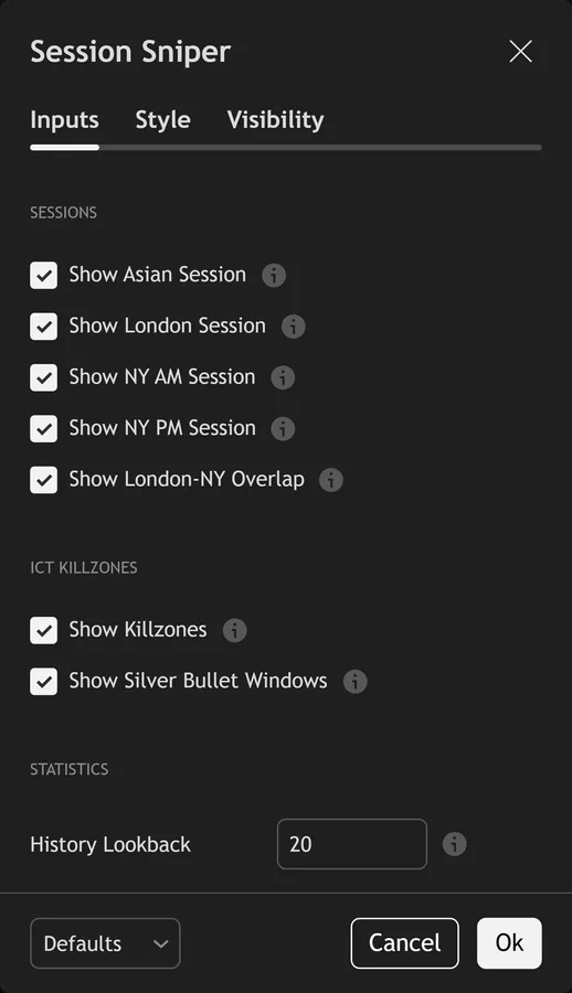 forex session indicator TradingView - Session Sniper Map inputs panel on TradingView