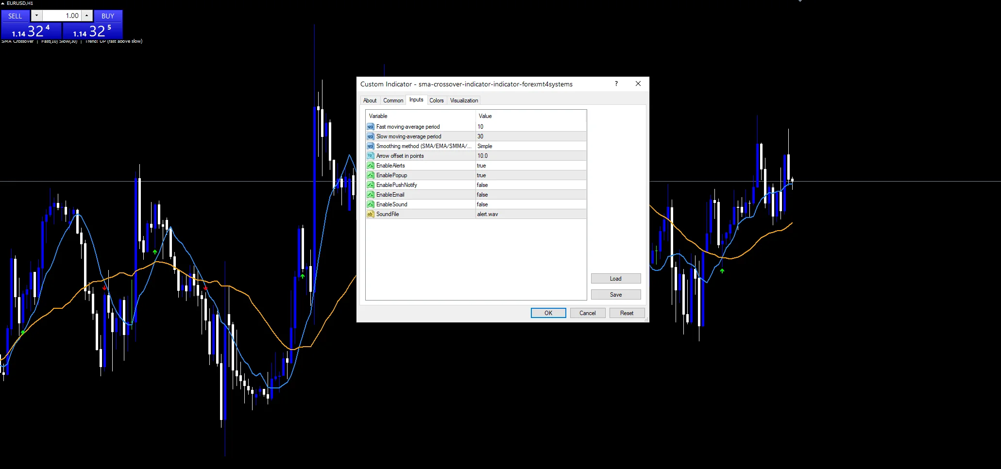 Sma Crossover Indicator - indicator inputs and settings panel