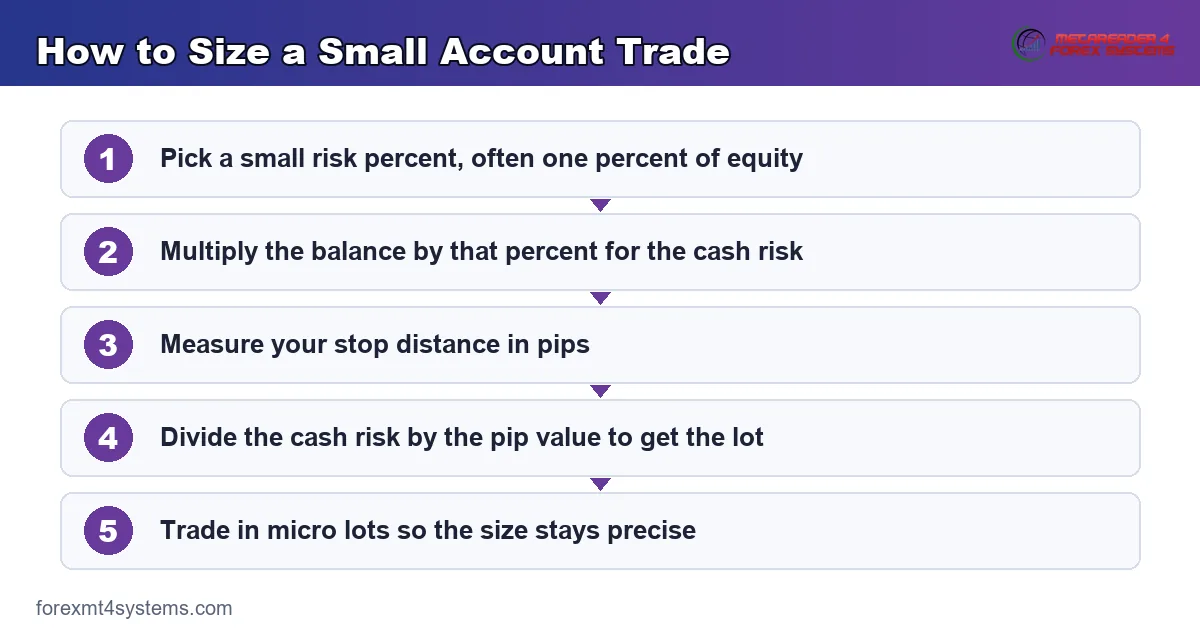 how to size a small account trade from a one percent risk and a pip stop distance
