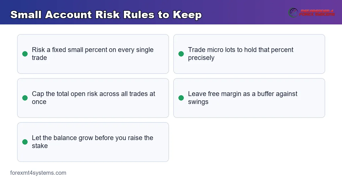 small account risk rules covering percent risk, micro lots, and capping total open risk