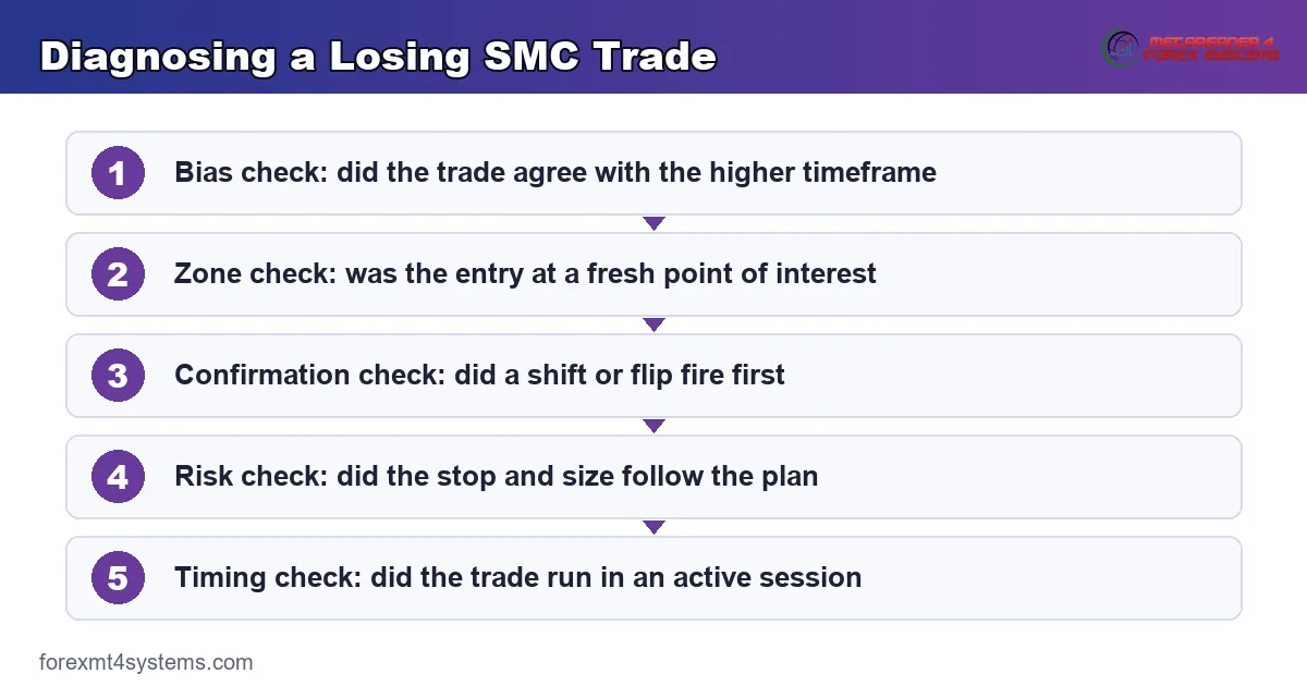 Diagnosing a Losing SMC Trade - 5-step flow diagram