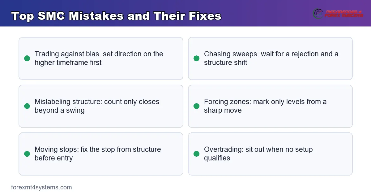 more common SMC mistakes and their fixes, from overloading the chart to overtrading