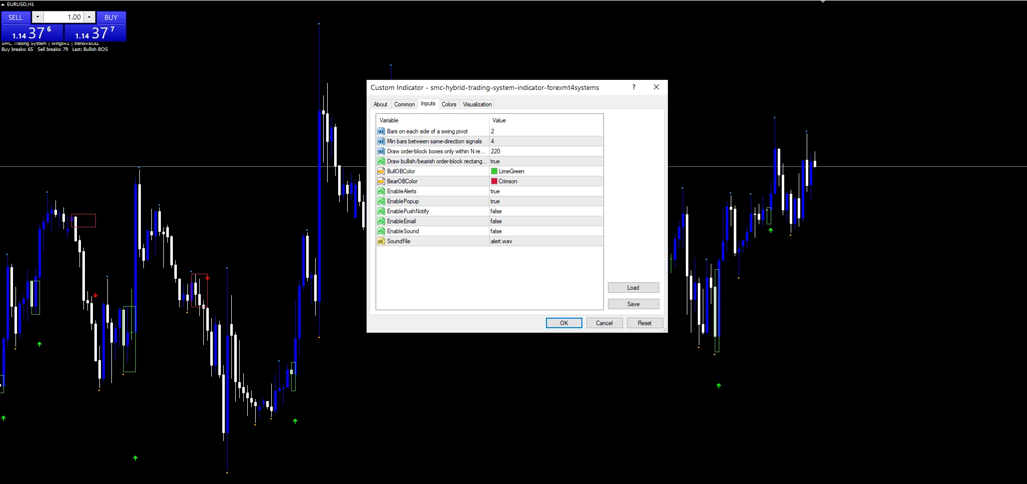 Smc Hybrid Trading System - indicator inputs and settings panel