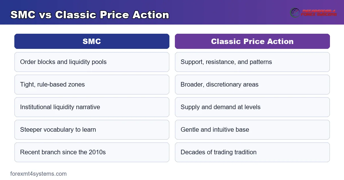 Classic price-action terms placed beside their smart money concepts equivalents on a chart