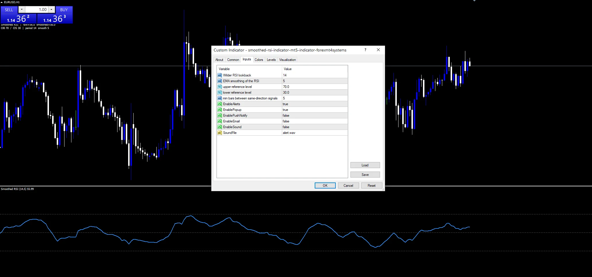 smoothed rsi indicator: Inputs panel, RSI and smoothing above the levels.