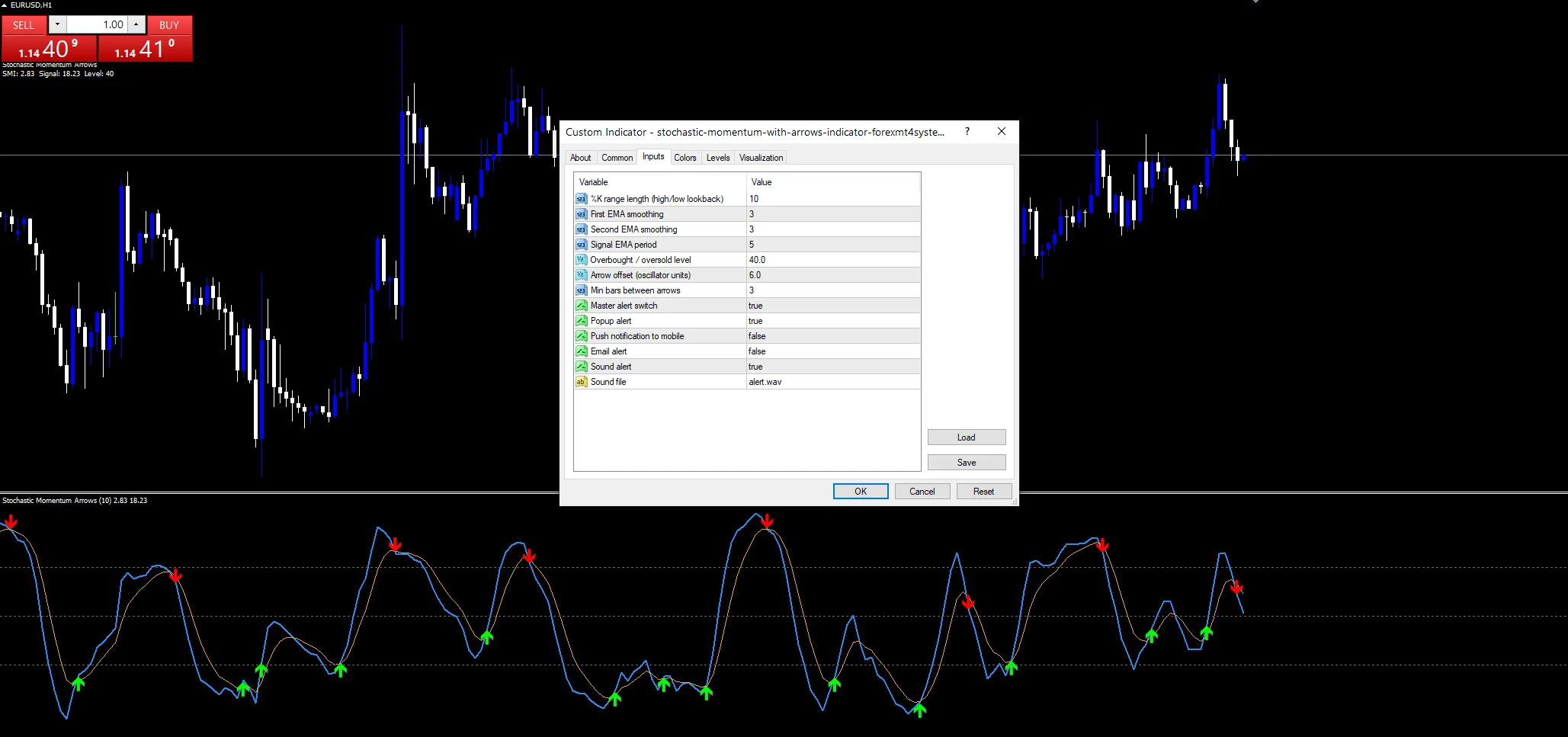 Stochastic Momentum With Arrows - indicator inputs and settings panel