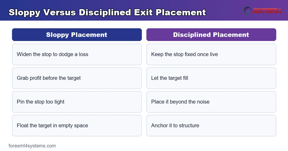 branded compare panel of sloppy exit placement against disciplined placement for the stop and the target