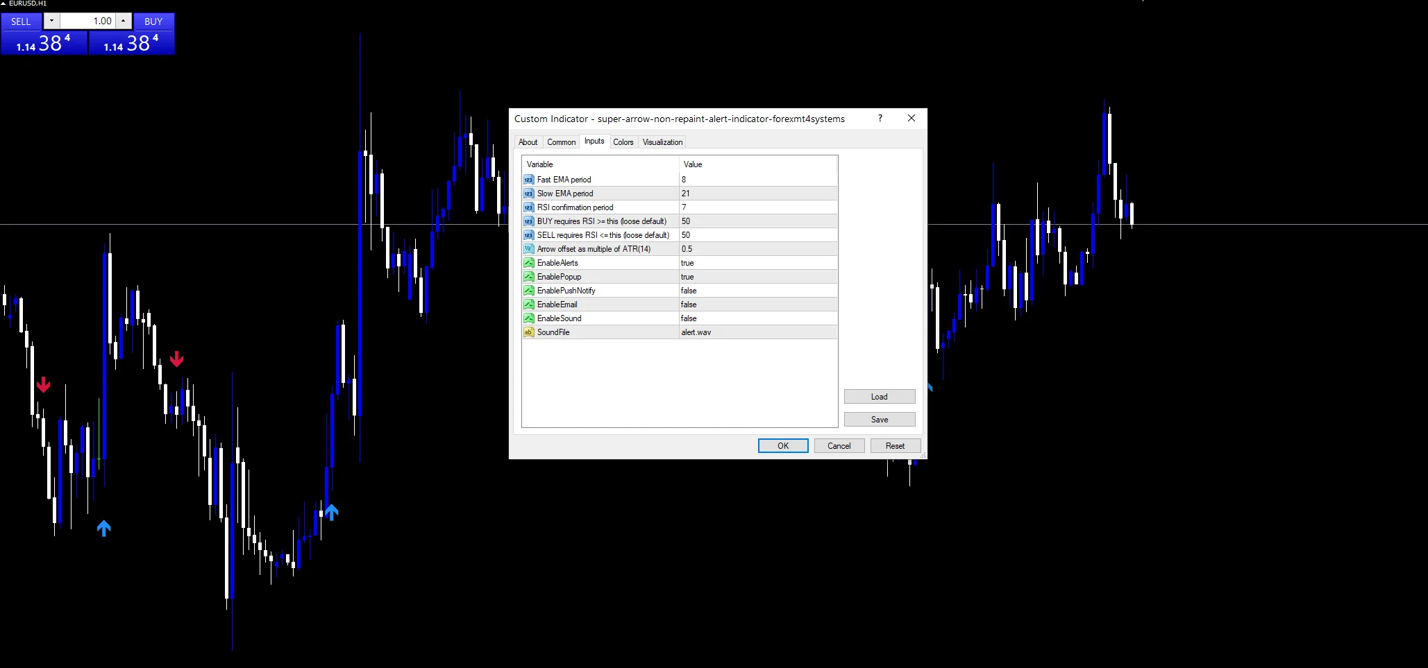 Super Arrow Non Repaint Alert - indicator inputs and settings panel