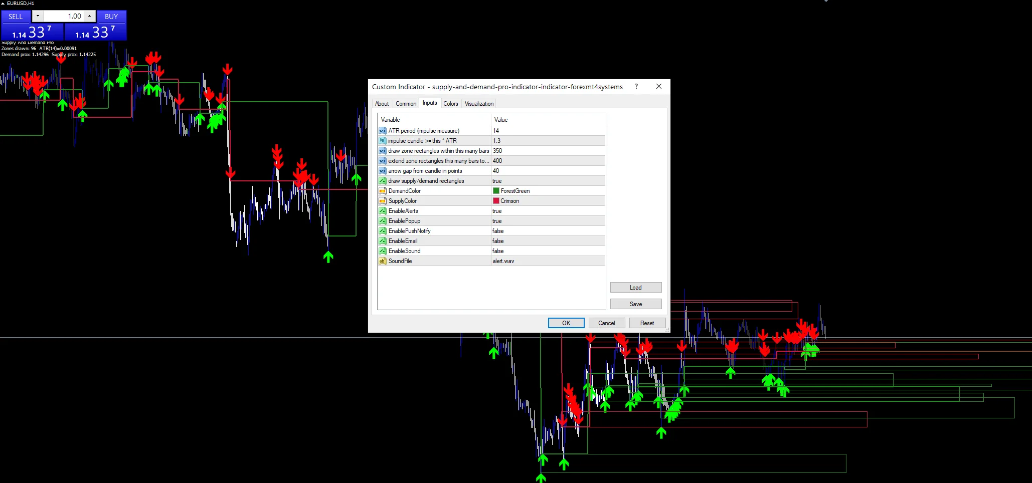 Supply And Demand Pro Indicator - indicator inputs and settings panel