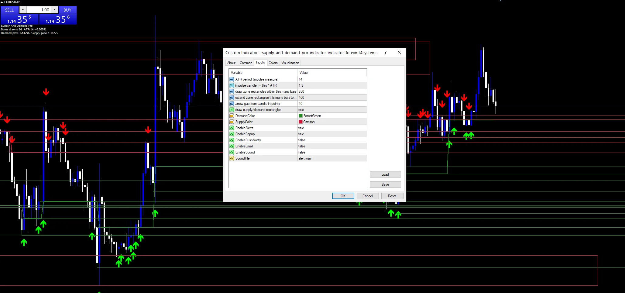 Supply And Demand Zones - indicator inputs and settings panel