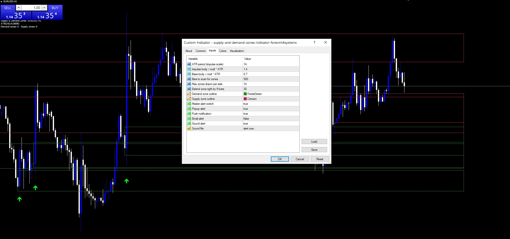 Supply Demand Zone Indicator - indicator inputs and settings panel