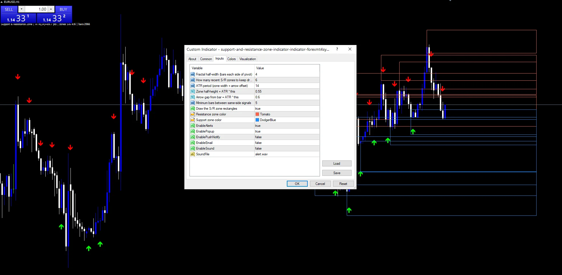 Support And Resistance Zone Indicator - indicator inputs and settings panel