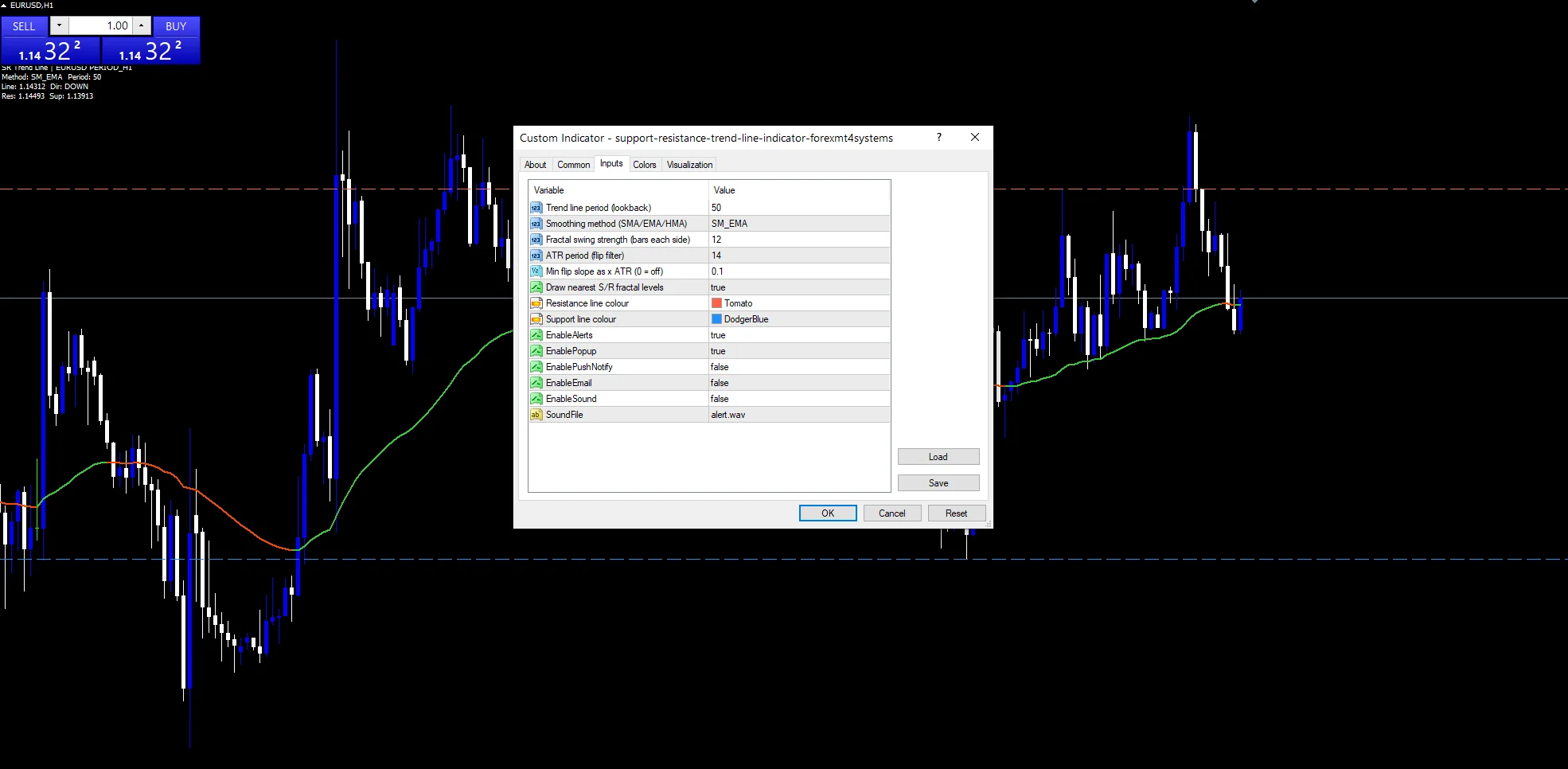 Support Resistance Trend Line - indicator inputs and settings panel