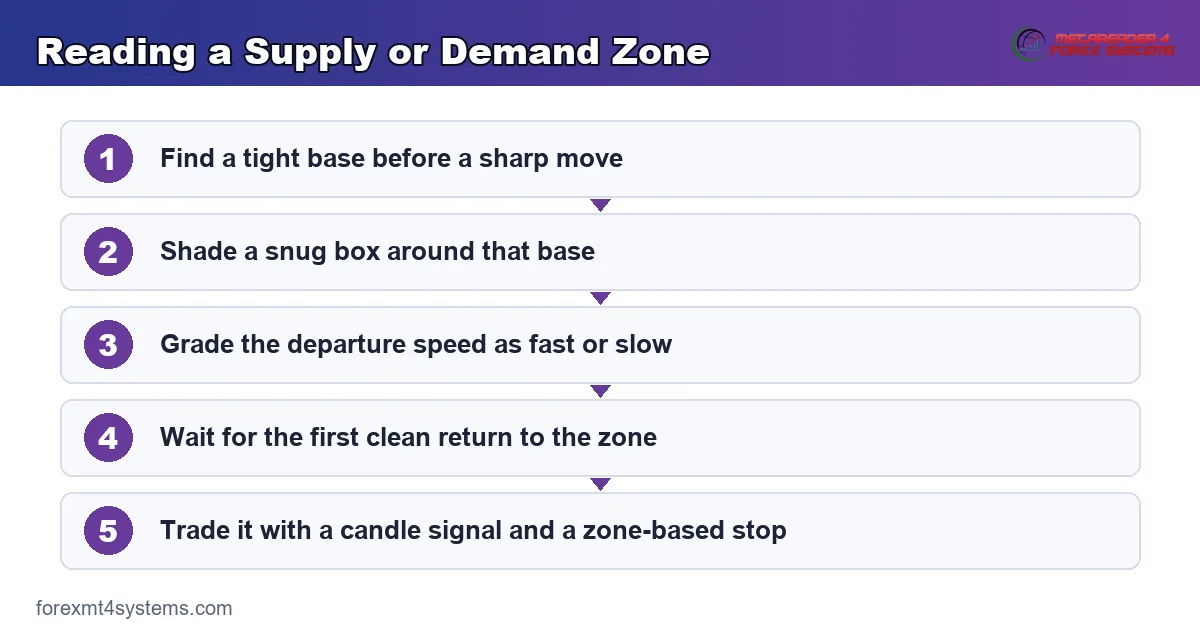 Reading a Supply or Demand Zone - 5-step flow diagram