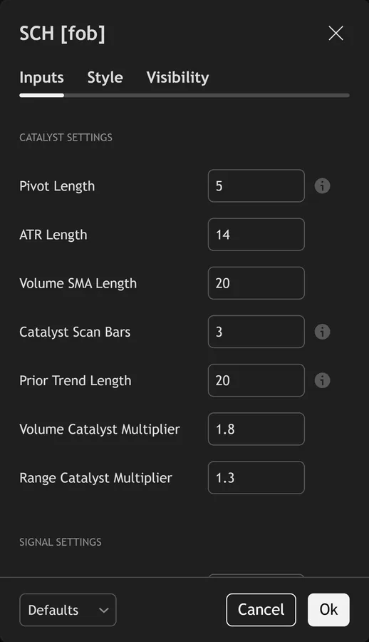 swing trading indicator TradingView - Swing Catalyst Hunter inputs panel on TradingView