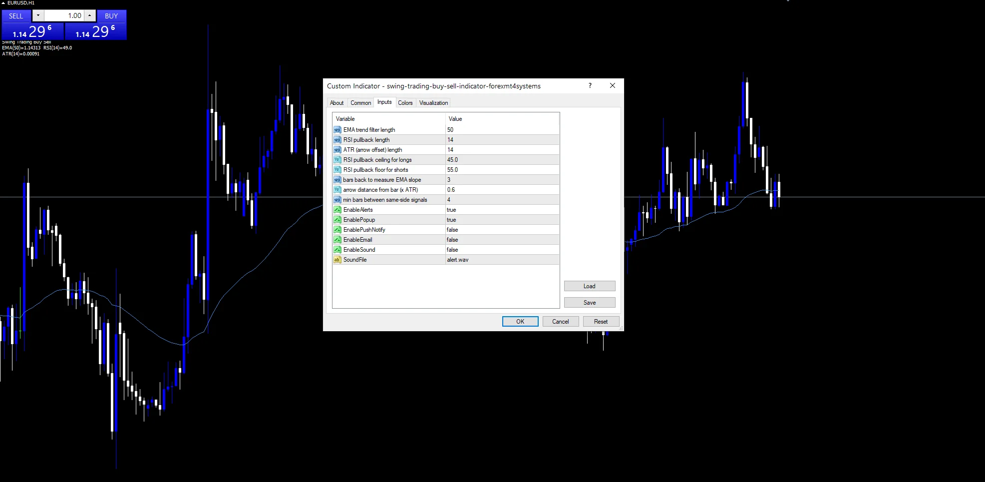 Swing Trading Buy Sell - indicator inputs and settings panel