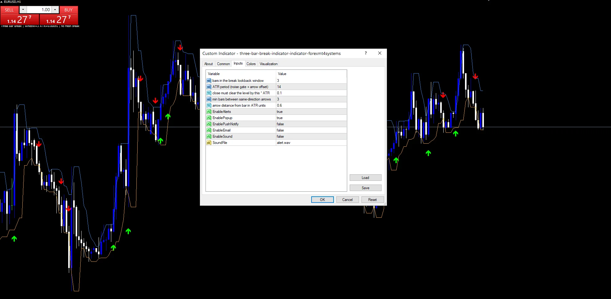 Three Bar Break Indicator - indicator inputs and settings panel