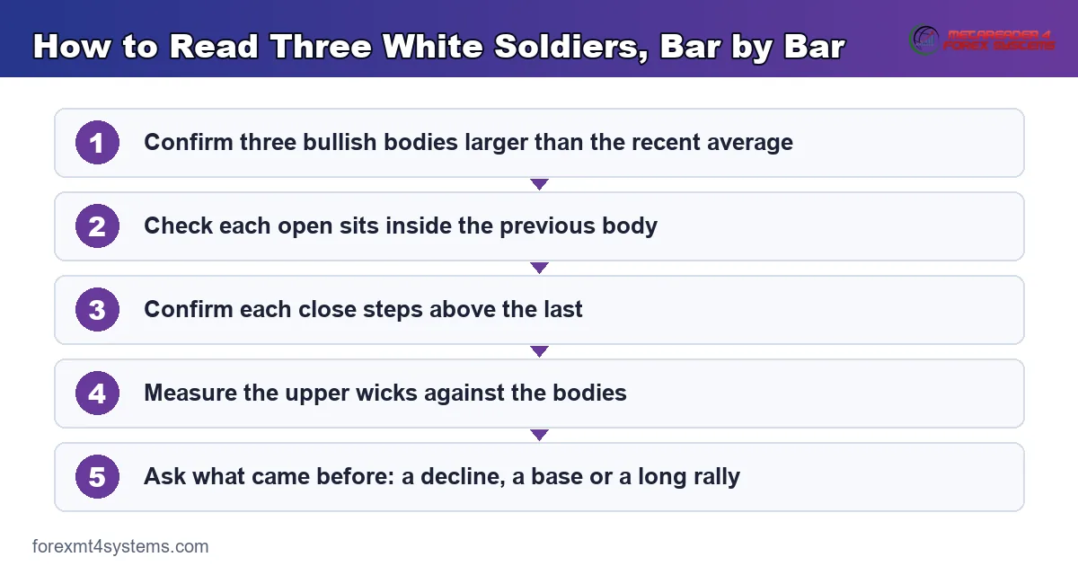 flow diagram showing how to read three white soldiers bar by bar before acting on the run