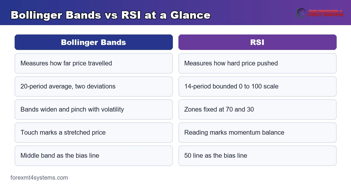 Bollinger Bands versus RSI - a 20-period volatility envelope beside a bounded 0 to 100 momentum gauge