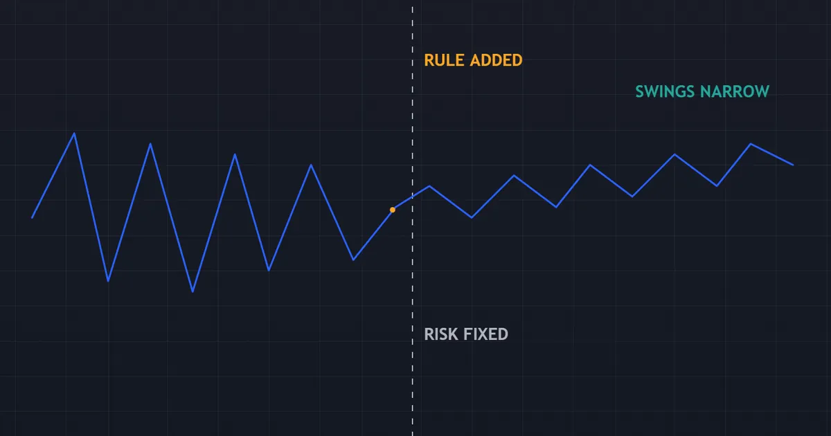 equity curve marked at the point where one book idea became a numbered trading rule