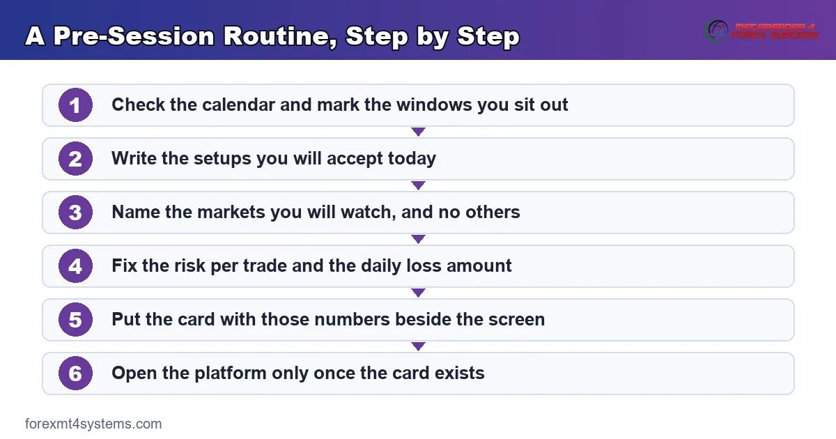 a pre-session routine step by step, from the calendar check to the day's written setup list