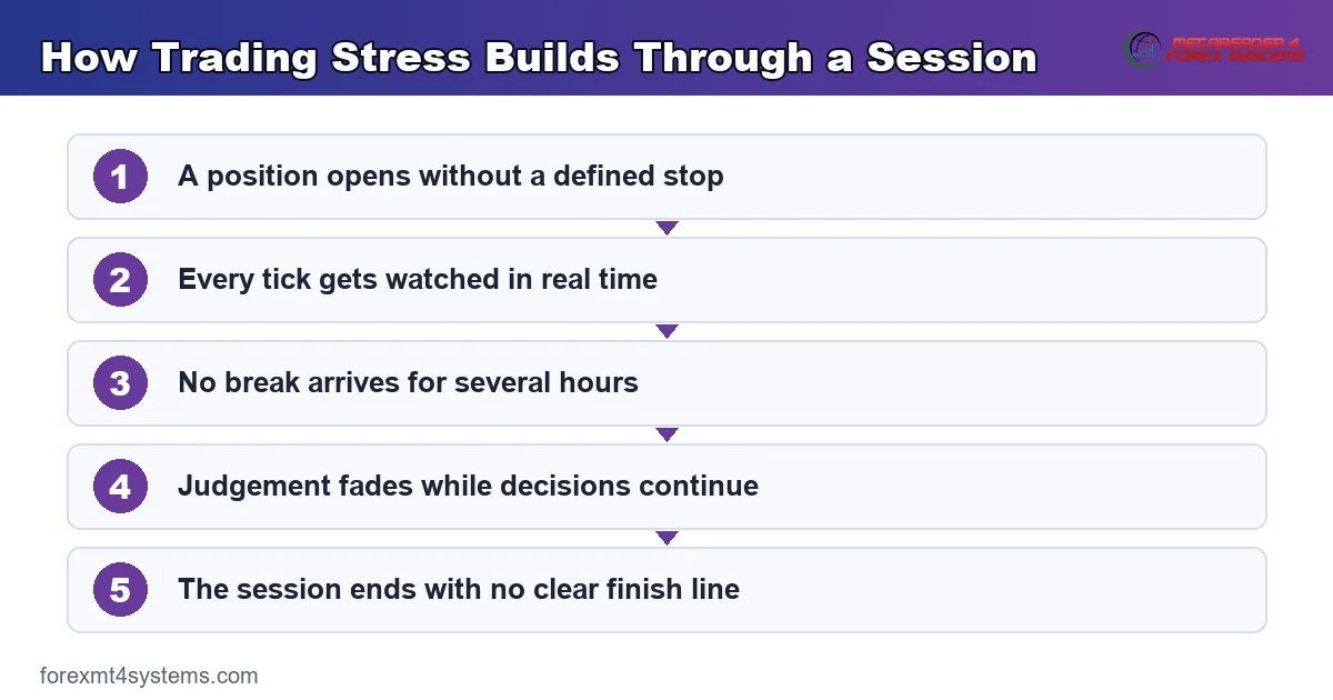 flow panel showing how trading stress builds through a session from an open position onward