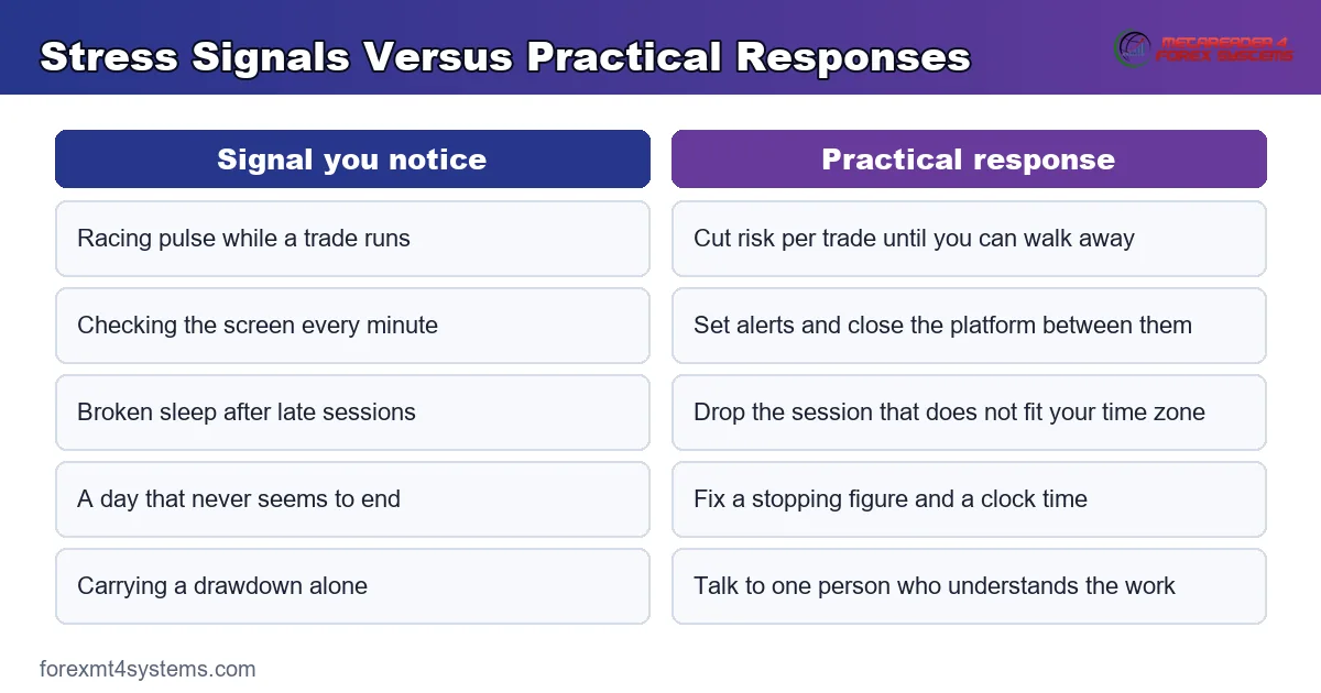 comparison panel of stress signals beside the practical response that works for each one