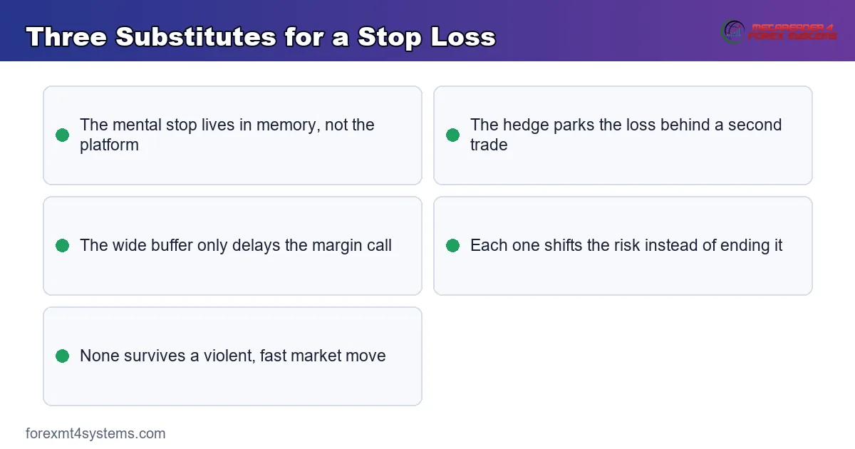 three substitutes for a stop loss - mental stop, hedge and wide buffer compared