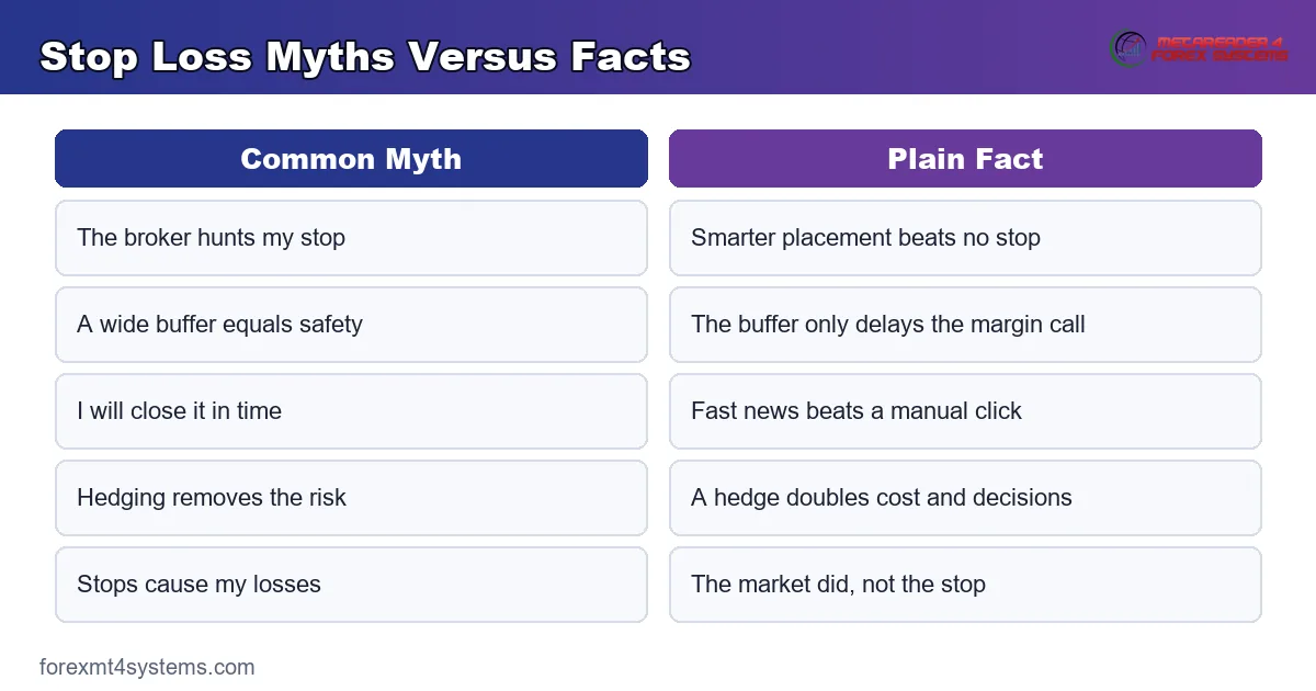 stop loss myths versus facts, from stop hunting to hedging shown side by side