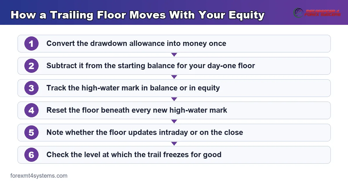 how a trailing floor moves with your equity, from the opening allowance to each new high