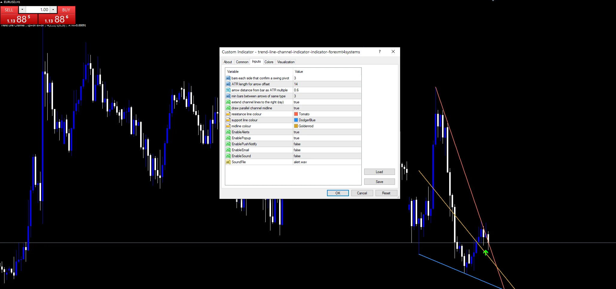 Trend Line Channel Indicator - indicator inputs and settings panel