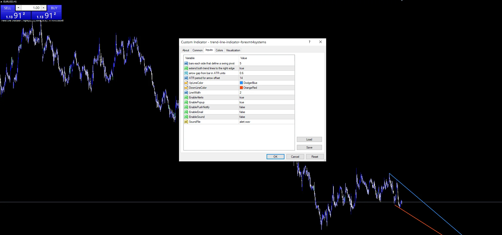 Trend Line - indicator inputs and settings panel