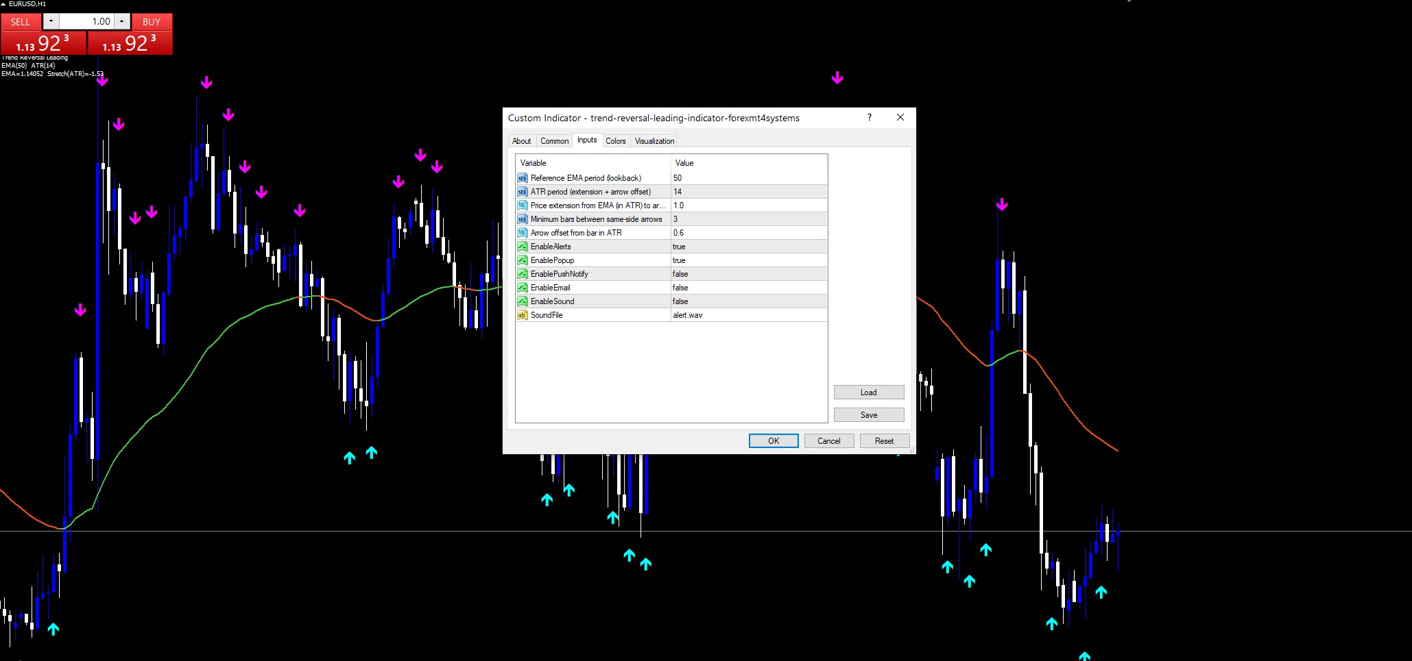 Trend Reversal Leading - indicator inputs and settings panel