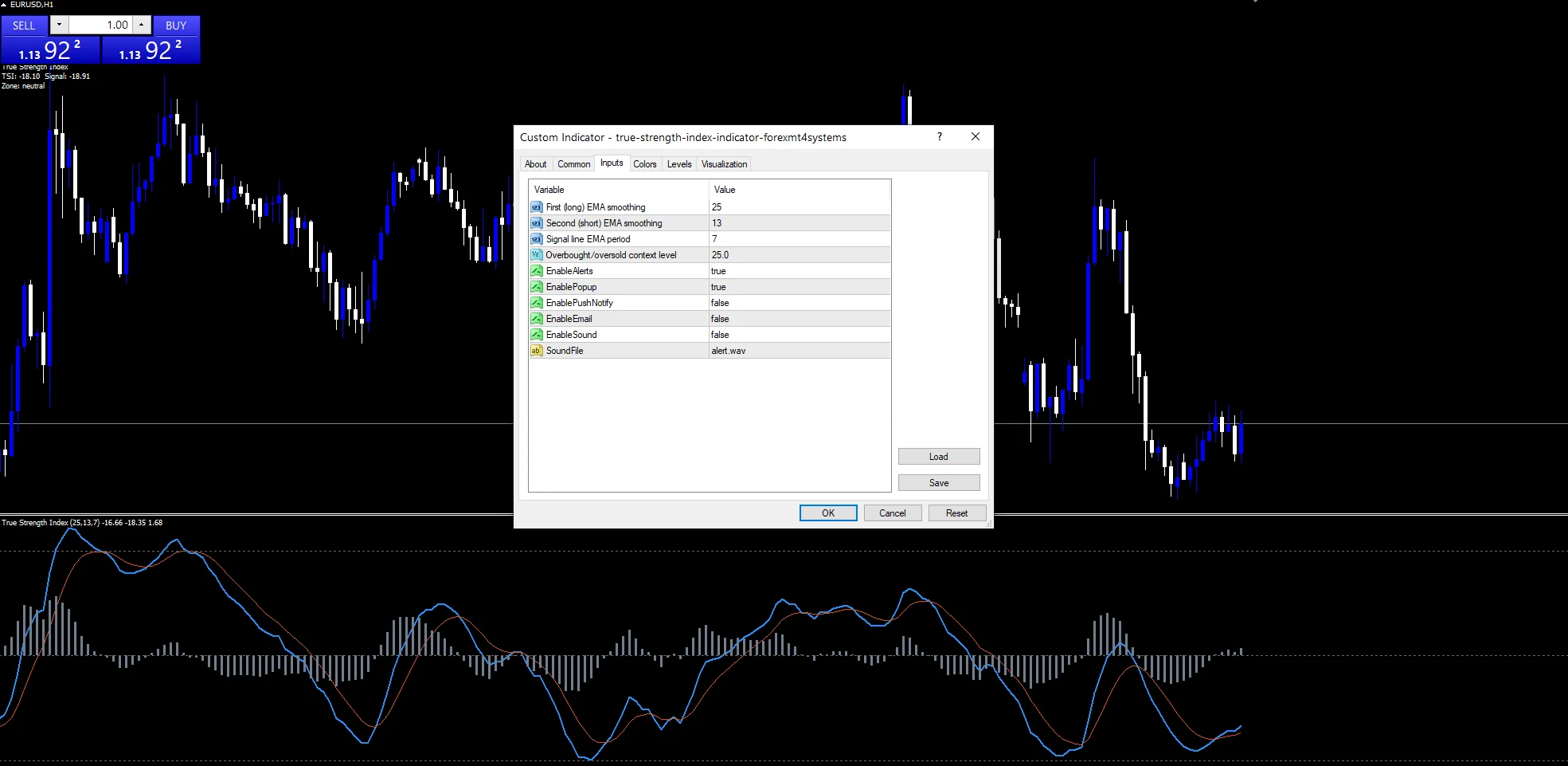 True Strength Index - indicator inputs and settings panel