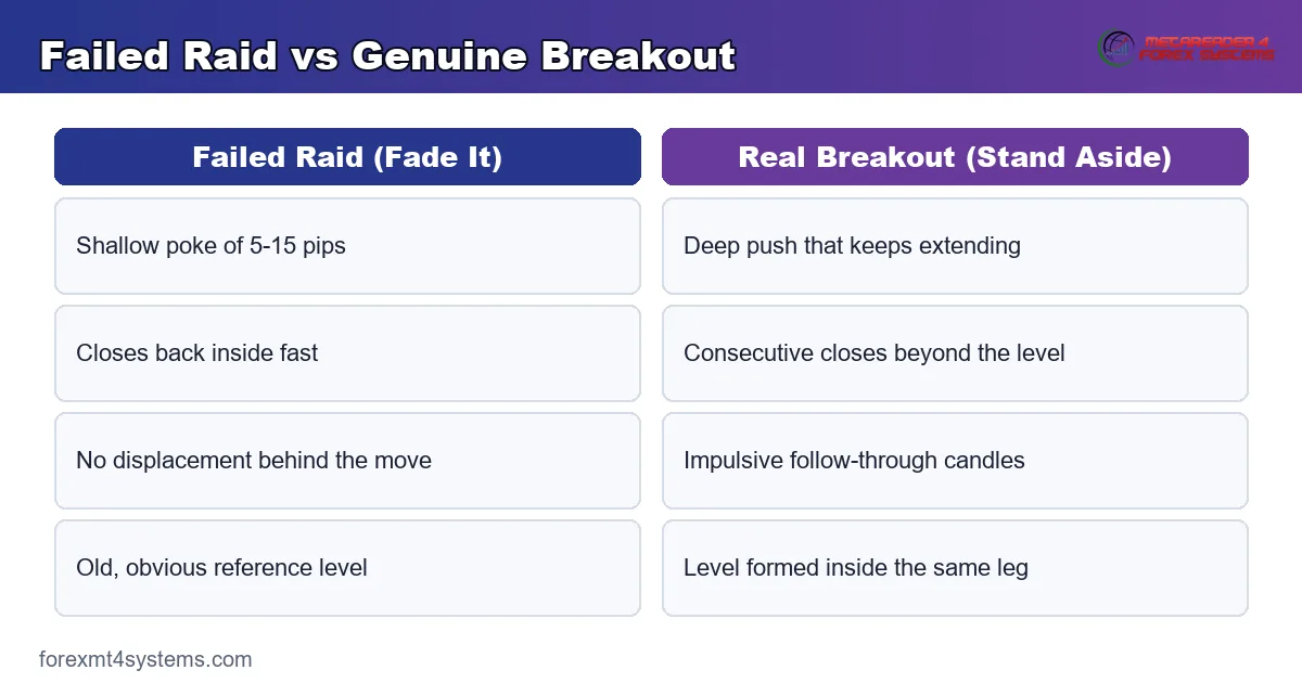 Comparison graphic of a failed raid worth fading versus a genuine breakout