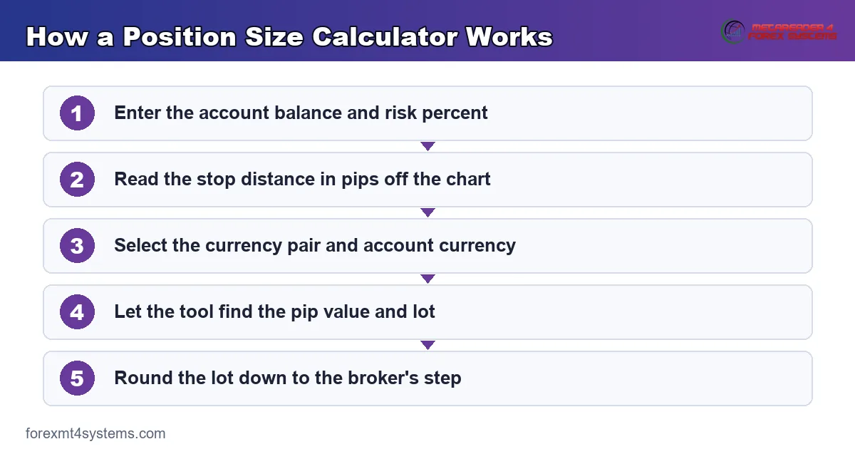 how a position size calculator turns balance, risk, stop, and pair into a lot