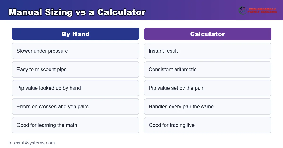 sizing a trade by hand versus a position size calculator running the same math