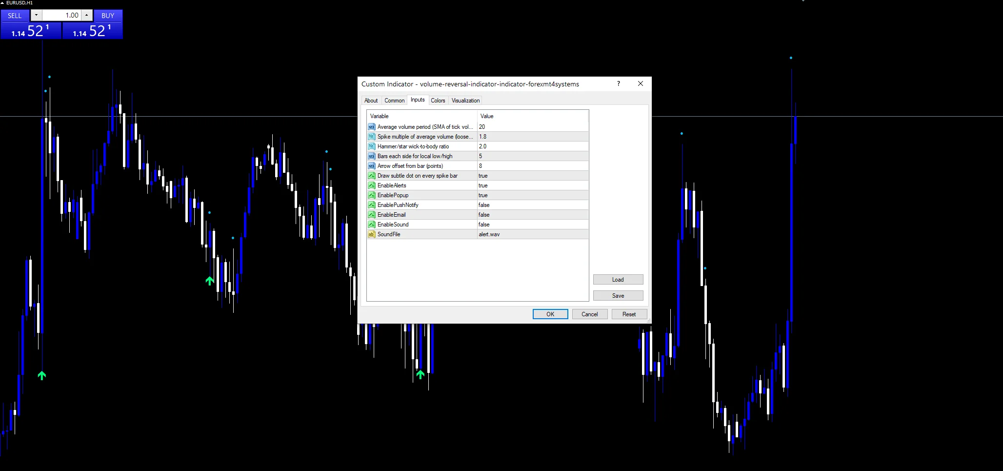 Volume Reversal Indicator - indicator inputs and settings panel