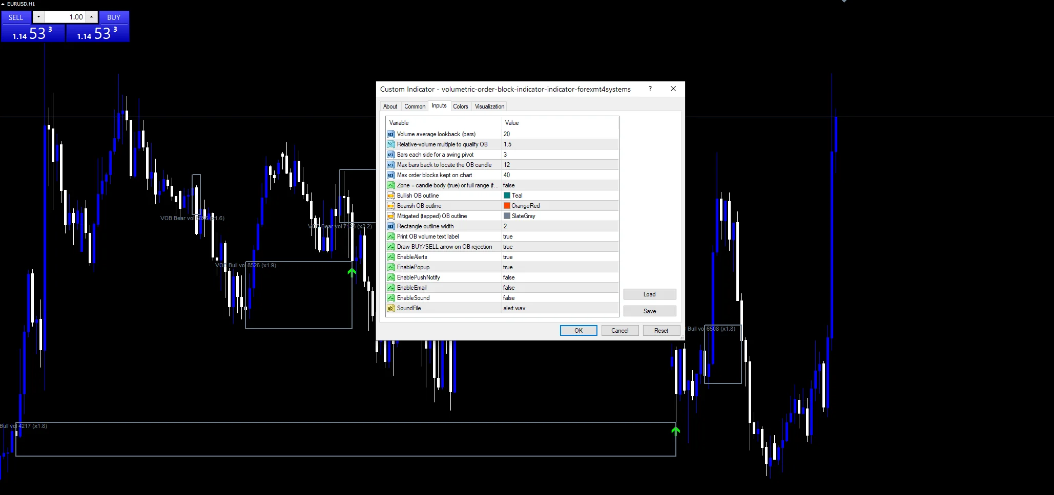 Volumetric Order Block Indicator - indicator inputs and settings panel