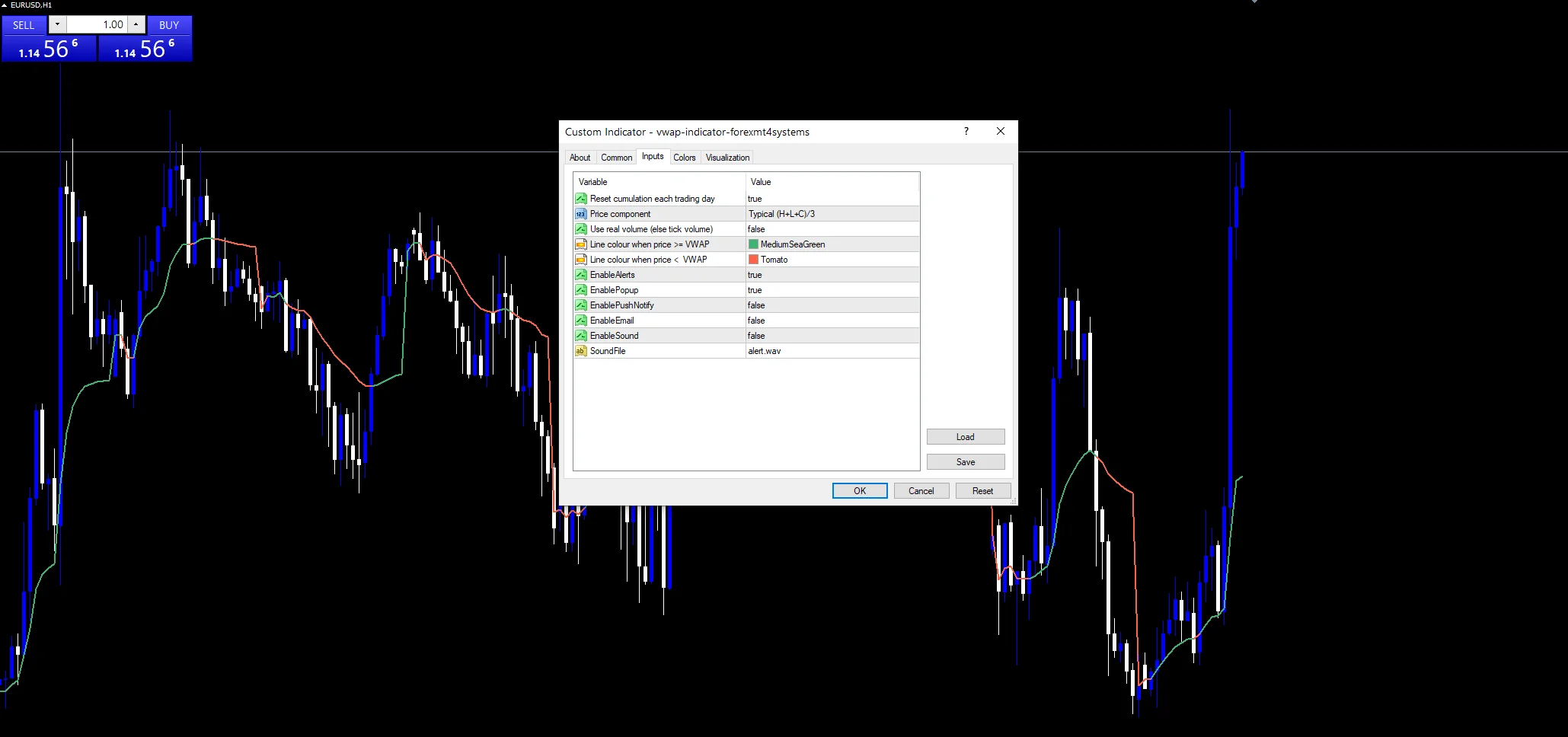Vwap - indicator inputs and settings panel
