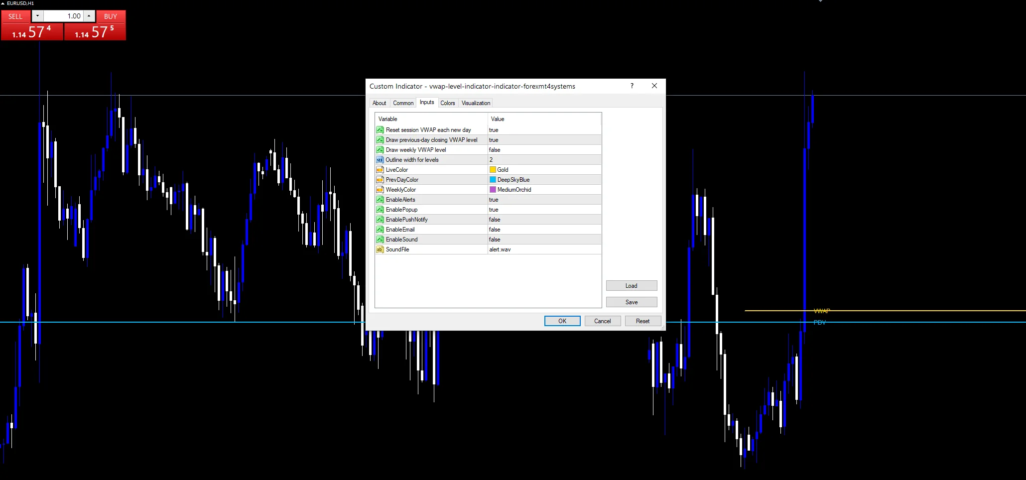 Vwap Level Indicator - indicator inputs and settings panel