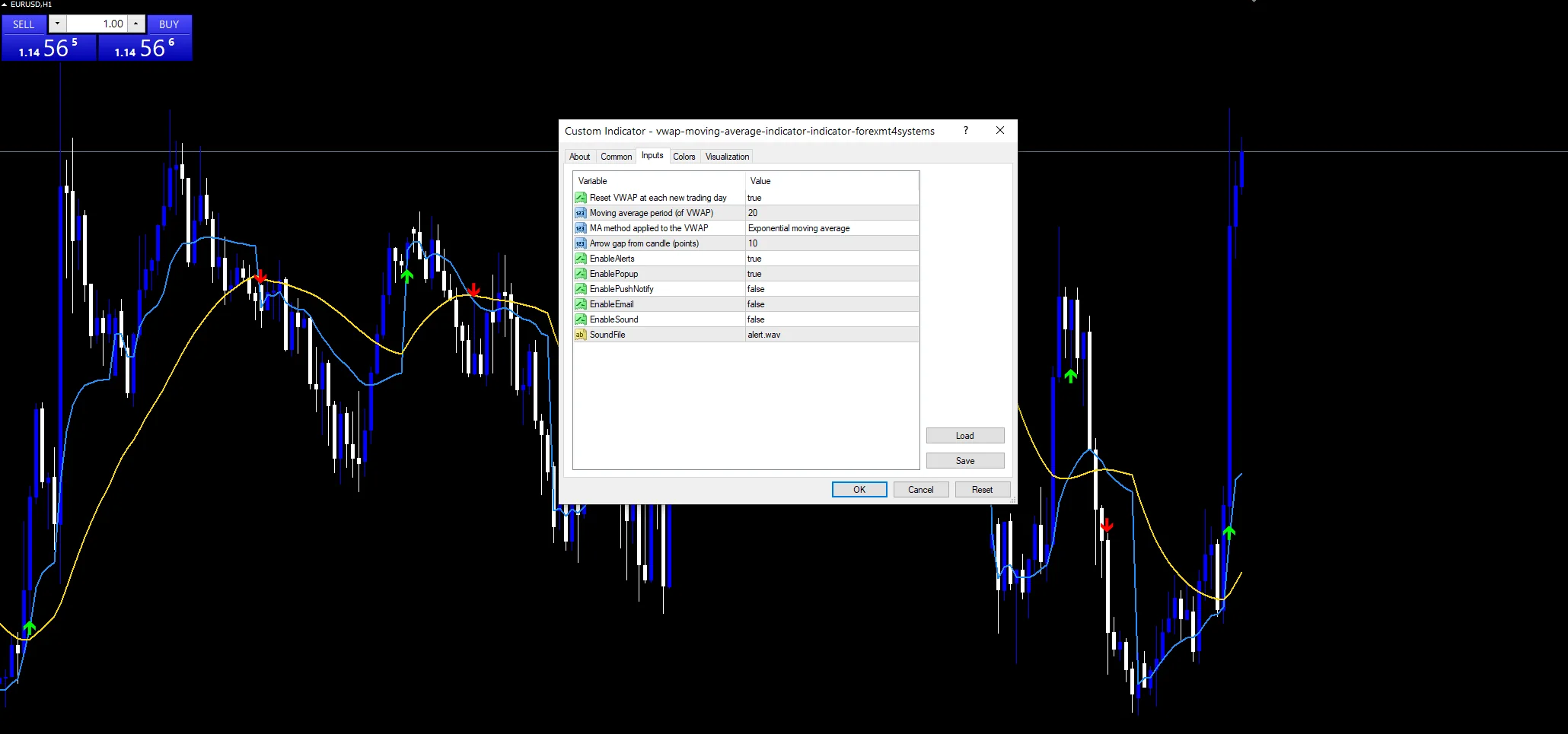 Vwap Moving Average Indicator - indicator inputs and settings panel