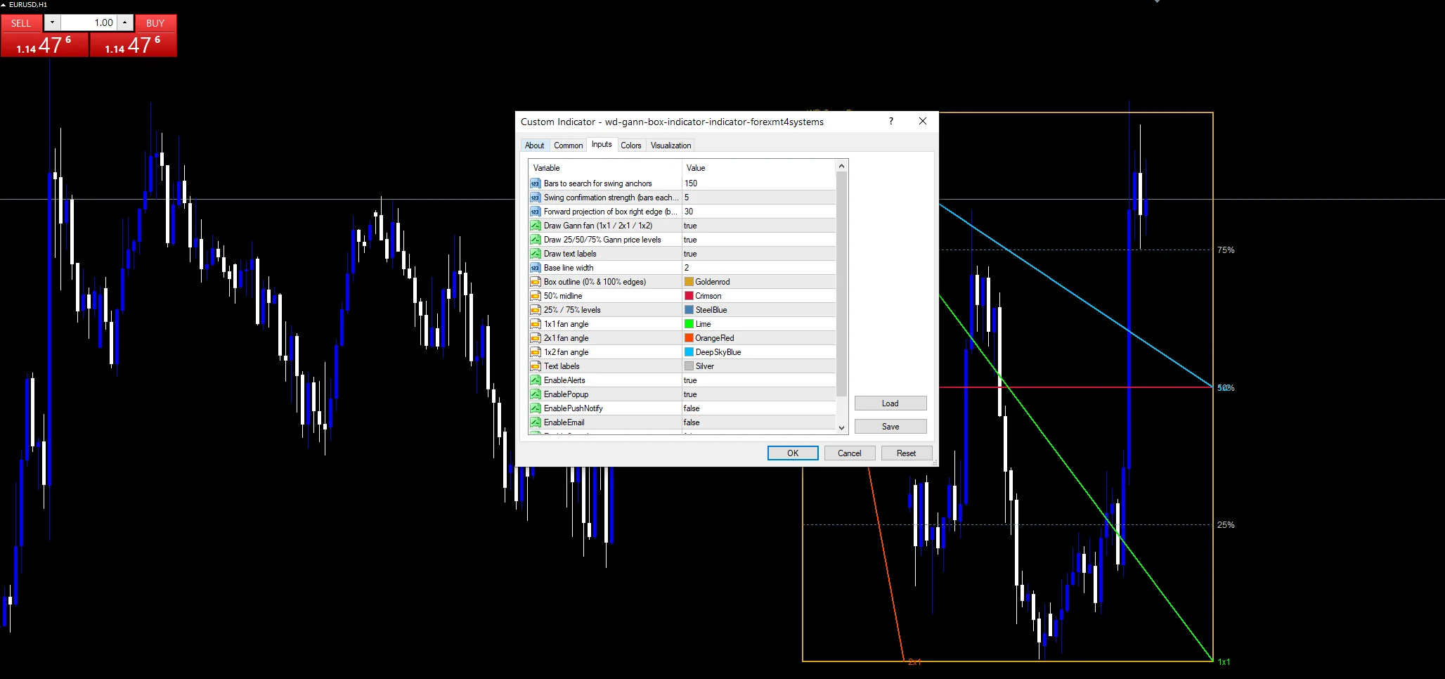 Wd Gann Box Indicator - indicator inputs and settings panel